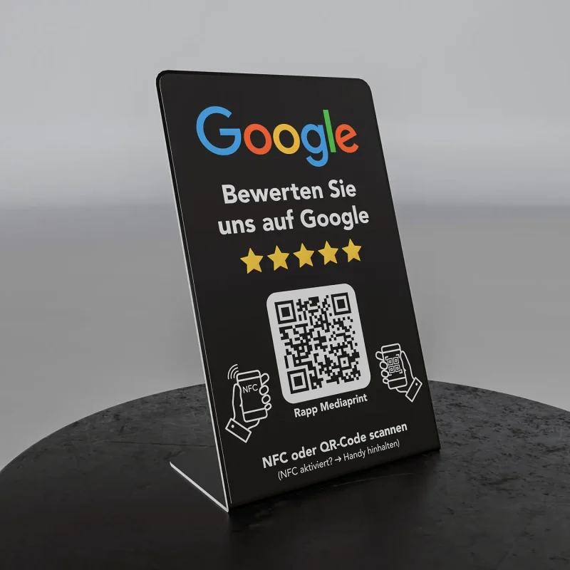 Google Bewertung Aufsteller Schwarz – Acryl Display mit NFC & QR – Werbetechnik Urbach