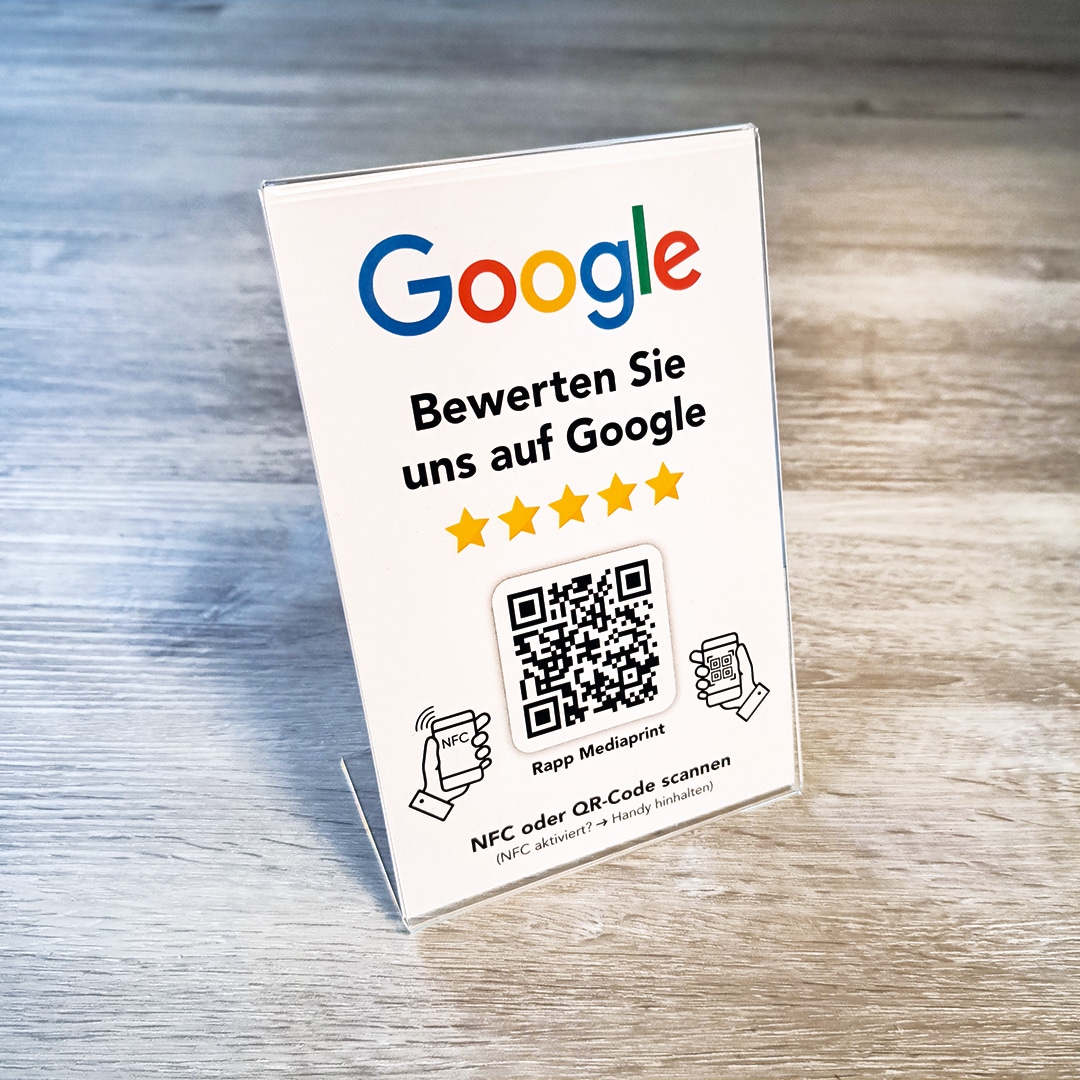Google Bewertung Aufsteller in Weiß mit NFC & QR-Code – Acryl-Display Größe L von Rapp Mediaprint zur schnellen Kundenbewertung vor Ort